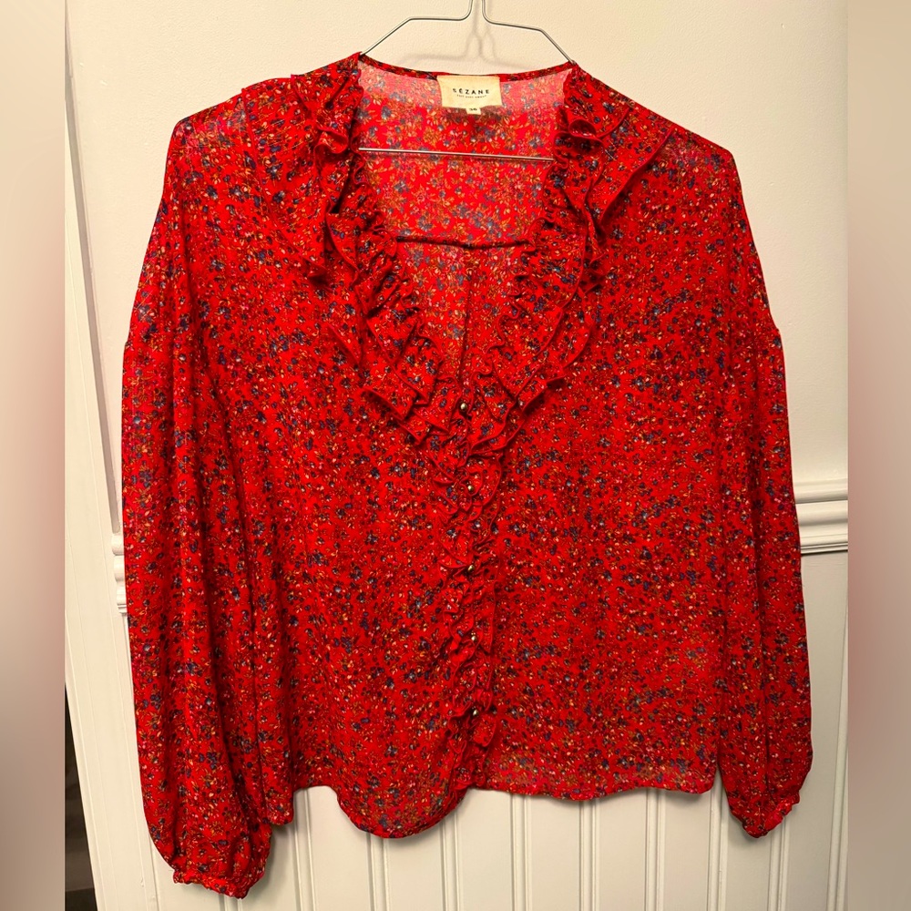 Sezane red floral ruffle blouse